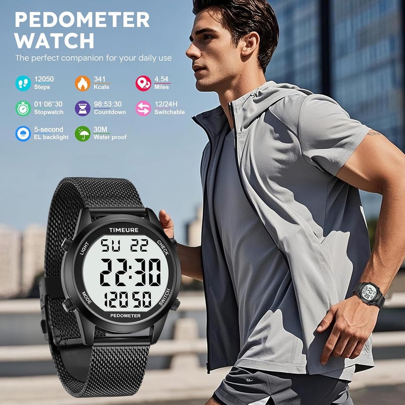 TIMEURE Men's Pedometer Watch with Stainless Steel Bracelet,Step Counter Watch No App, No Charging Needed for Ourdoor Walking, Calorie, Distance, Alarm, Countdown Timer Watch TU-2306B - Image 2